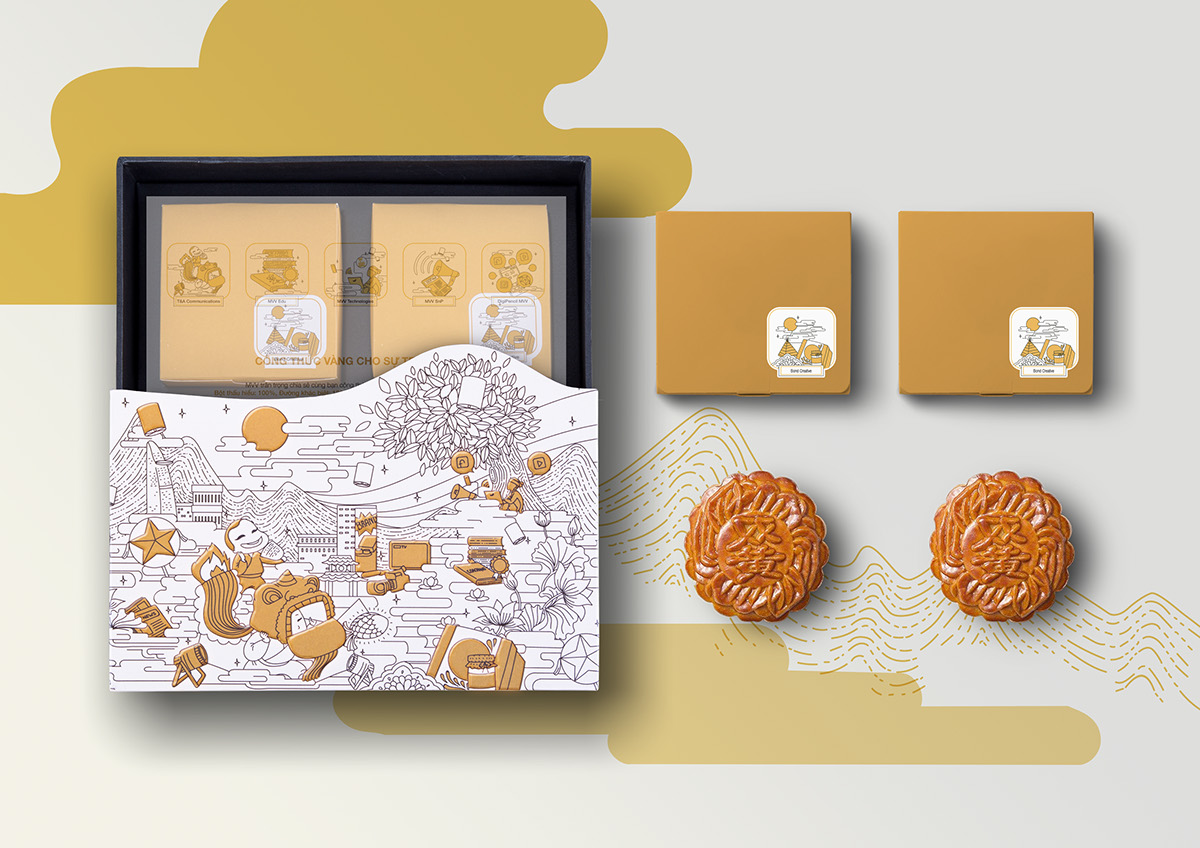 越南月餅插畫(huà)禮盒包裝展示